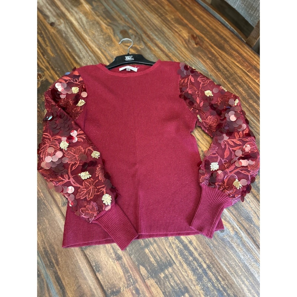 Sioni Milano Sequin Sleeve Top Ribbed Knit‎ Top Party Long Sleeve Woman's  XS